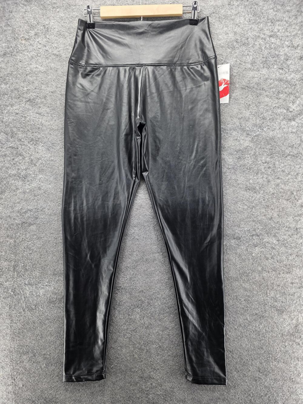Hot Kiss Leggings Womens Large Black Faux Leather High Rise Stretch Pants New